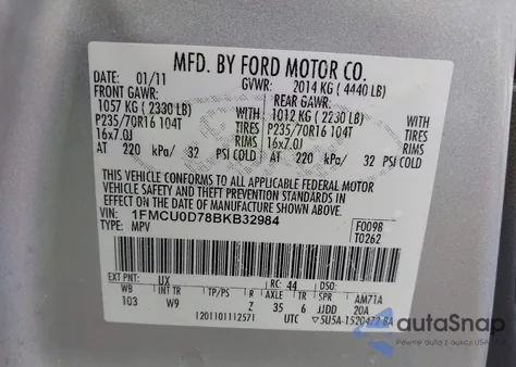 2011 Ford Escape Xlt z USA, uszkodzony, nr VIN 1FMCU0D78BKB32984